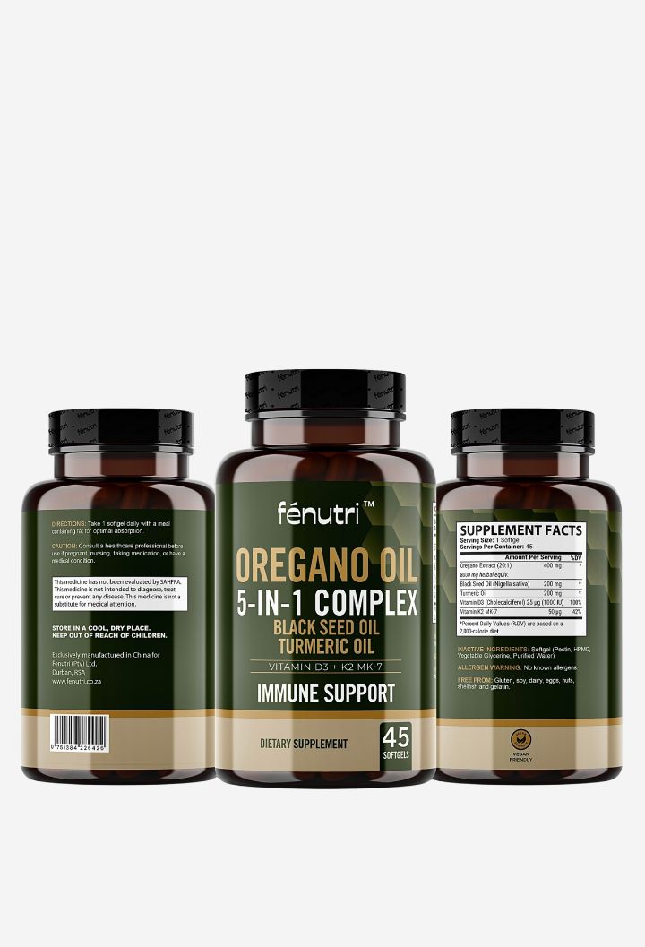 Oregano Oil 5-in-1 Vegan Softgels, Black Seed, Turmeric, D3 & K2 | 60s
